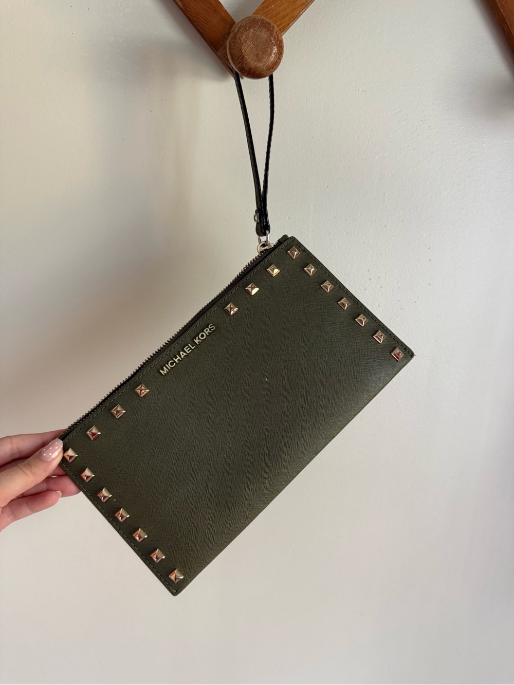 Michael Kors Olive Green Studded Wristlet with Gold Accents